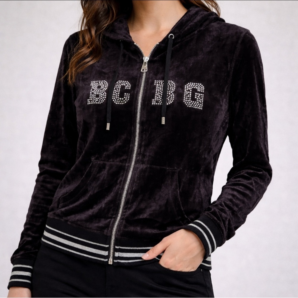 BCBG Logo Drawstring Black Velor Hooded Zip Up Sweater Long Sleeve Size Medium